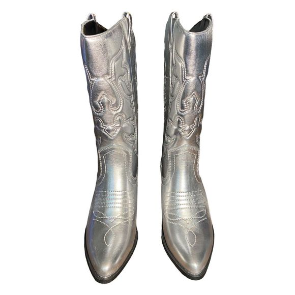 Soda Shoes - Soda Women's Faux Leather Silver Cowboy Mid Block Heel Boots Sz 7